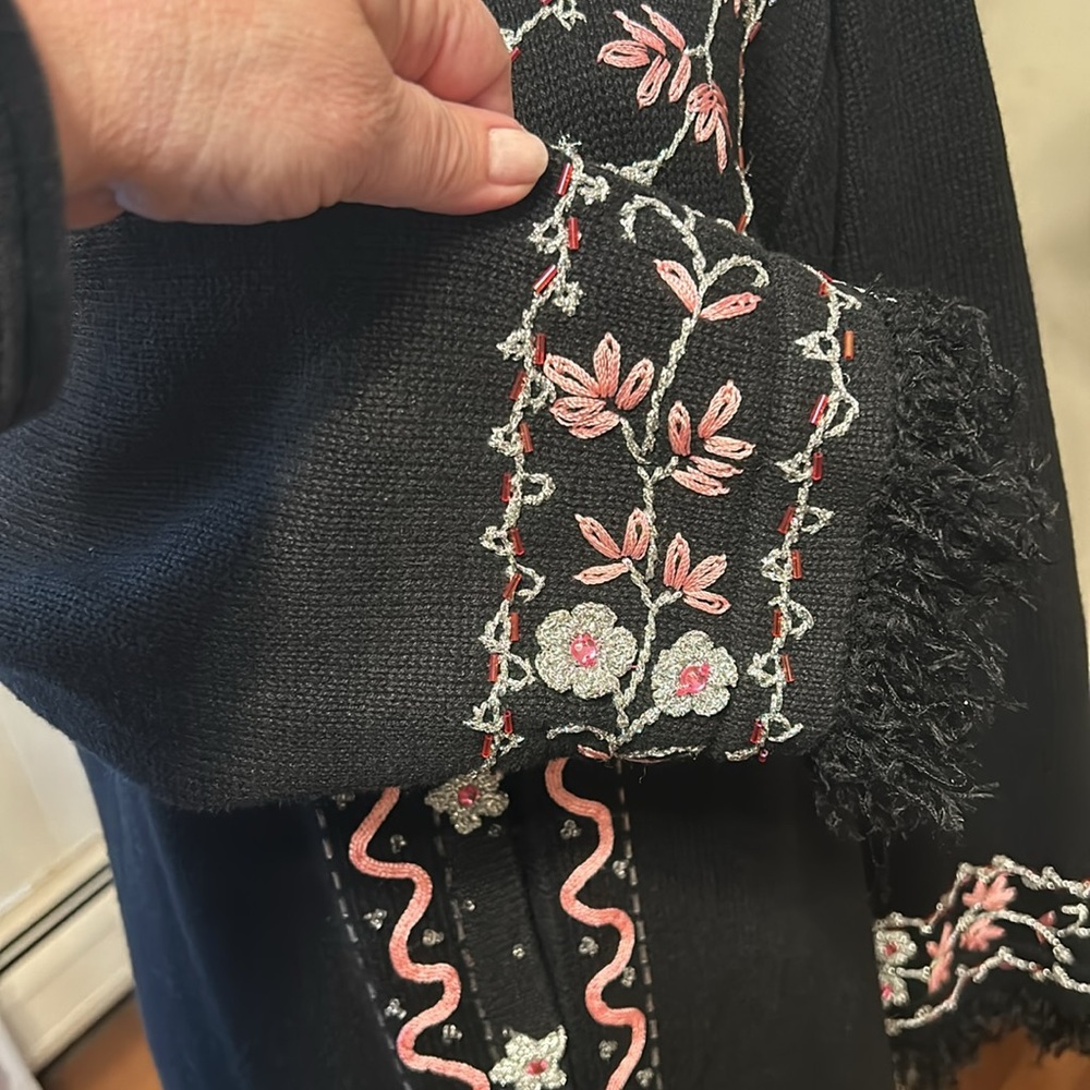 Storybook Knits Black Long Embroidered Cardigan with Pink & White Floral Accents - Picture 3 of 6